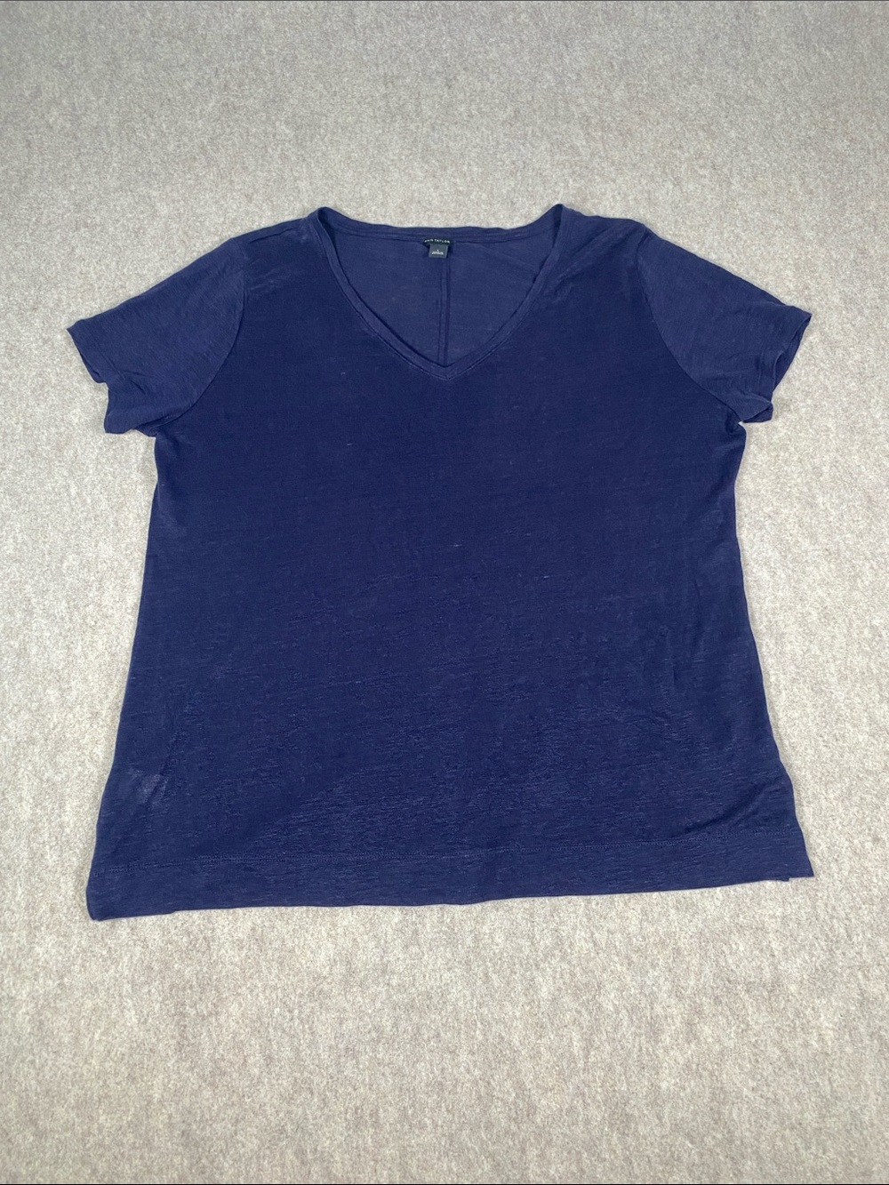 Ann Taylor 100% Linen Navy Blue V-Neck Short Sleeve Tee Top Large
